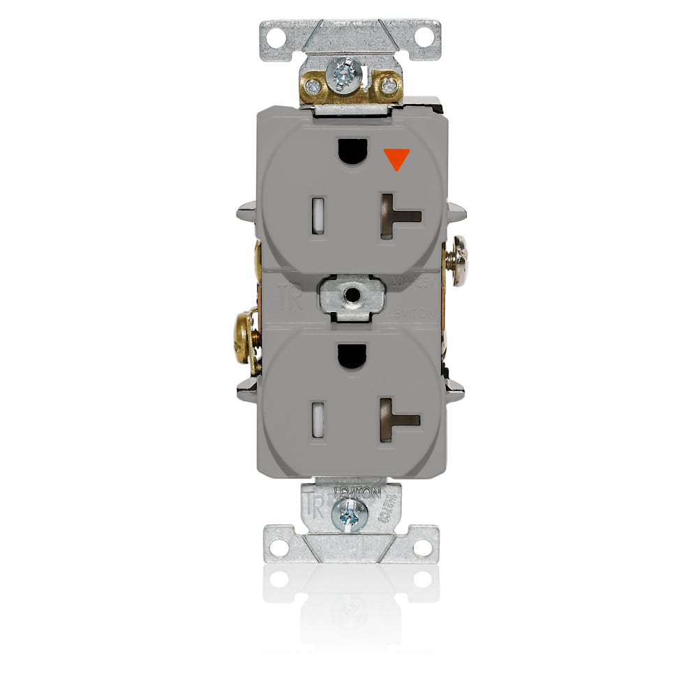T5362-IGG T5362-IG Duplex Flat Face Heavy Duty Isolated Self-Grounding Standard Tamper-Resistant Straight Blade Receptacle, 125 V AC, 20 A, 2 Poles, 3 Wires, Gray