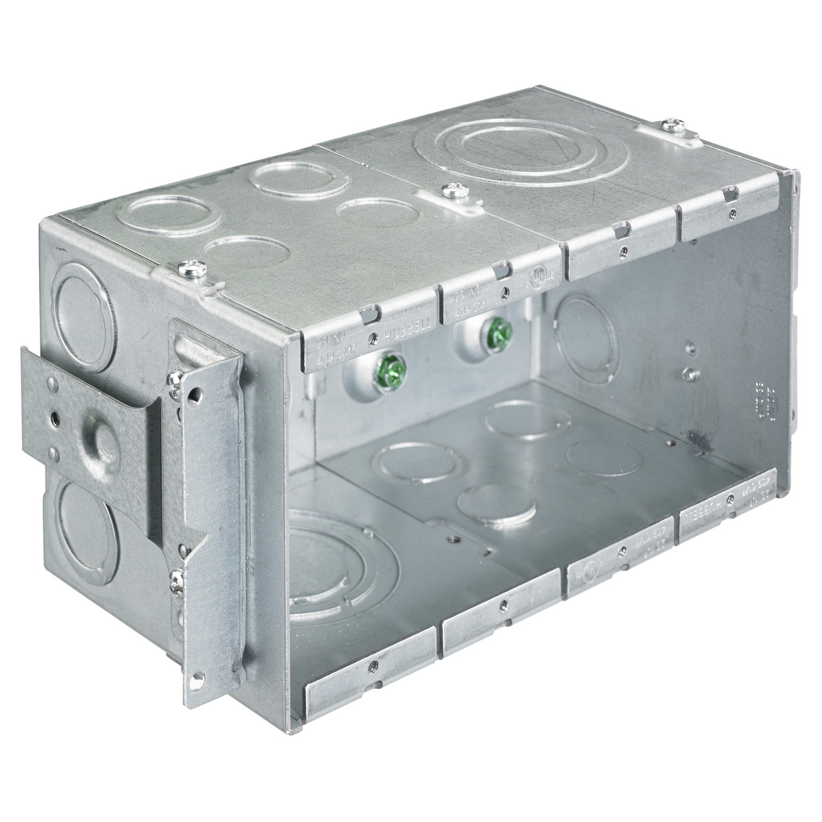 HBL987 Large Capacity Stamped Standard Gangable AV Wallbox, Steel, 104 cu-in Capacity, 4 Gangs, 27 Knockouts