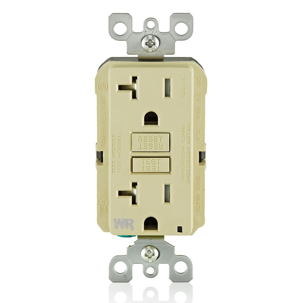 GFWT2-I Duplex Feed Through Self-Test Slim Tamper/Weather Resistant GFCI Receptacle With Ivory Test, Reset Button, 125 V AC, 20 A, 2 Poles, 3 Wires, Ivory