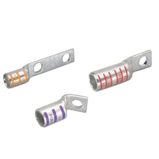 54107NT Color-Keyed 54100 1-Hole Non-Insulated Compression Lug With Peep Hole, 3 to 2 AWG Copper Conductor, Die Code: 33, 1/4 in Stud, Copper