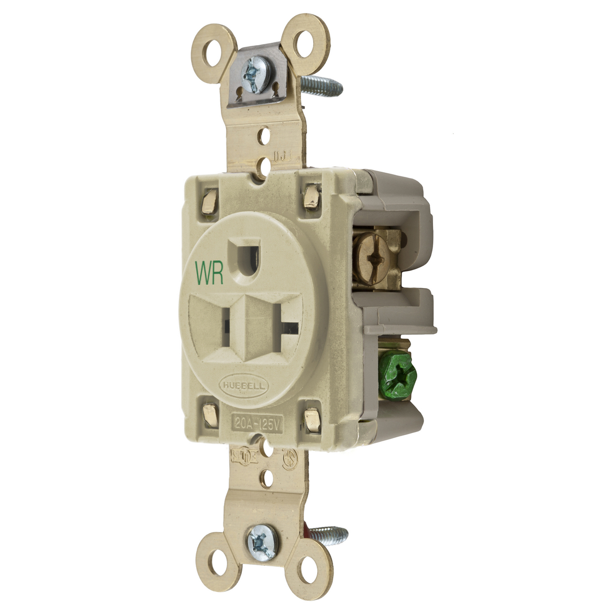 HBL5361IWR 1-Phase Self-Grounding Extra Heavy Duty Standard Single Weather-Resistant Screw Mount Straight Blade Receptacle, 125 V AC, 20 A, 2 Poles, 3 Wires, Ivory