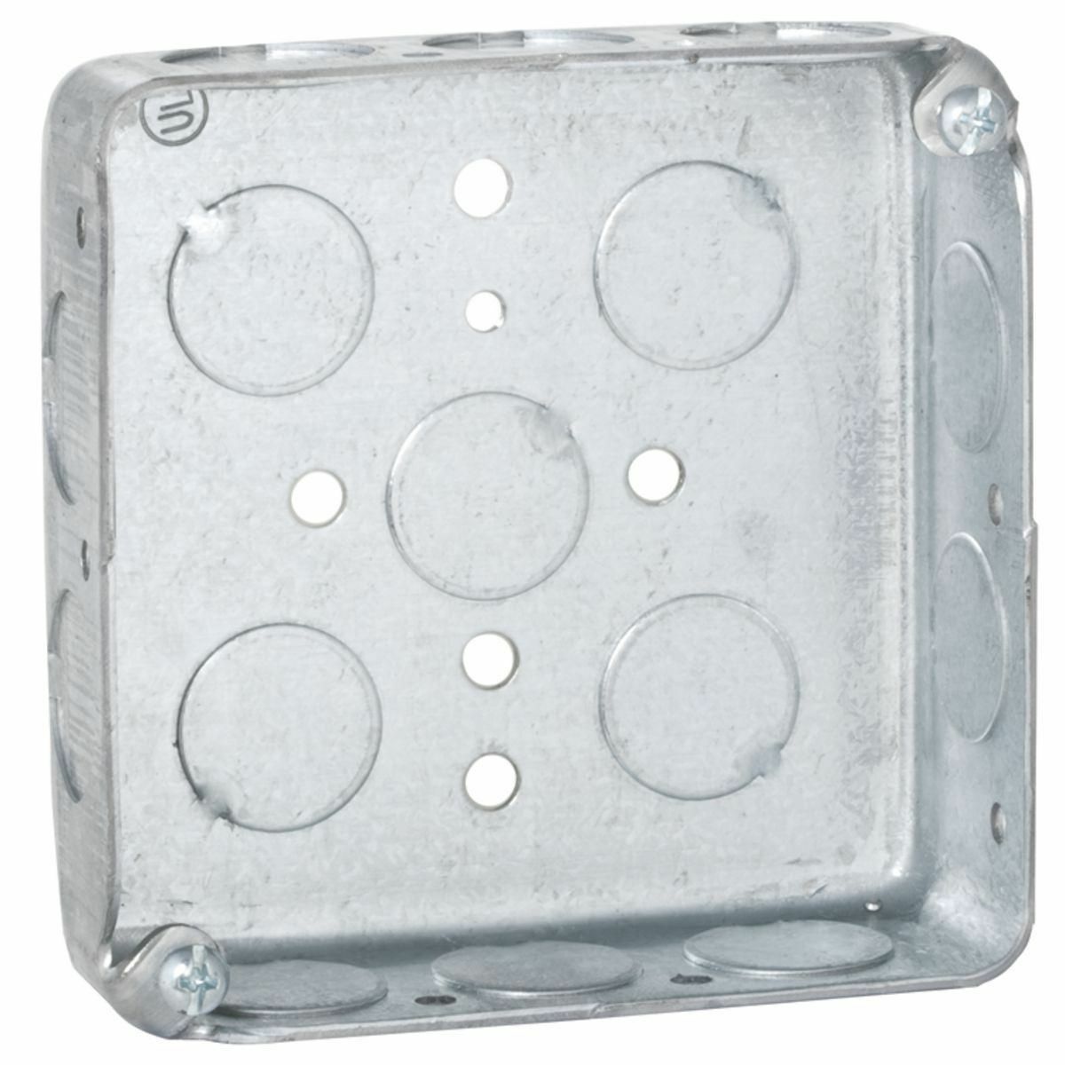 185 Square Box, Steel, 18 cu-in Capacity, (15) Knockouts, 4 in H x 4 in W x 1-1/4 in D