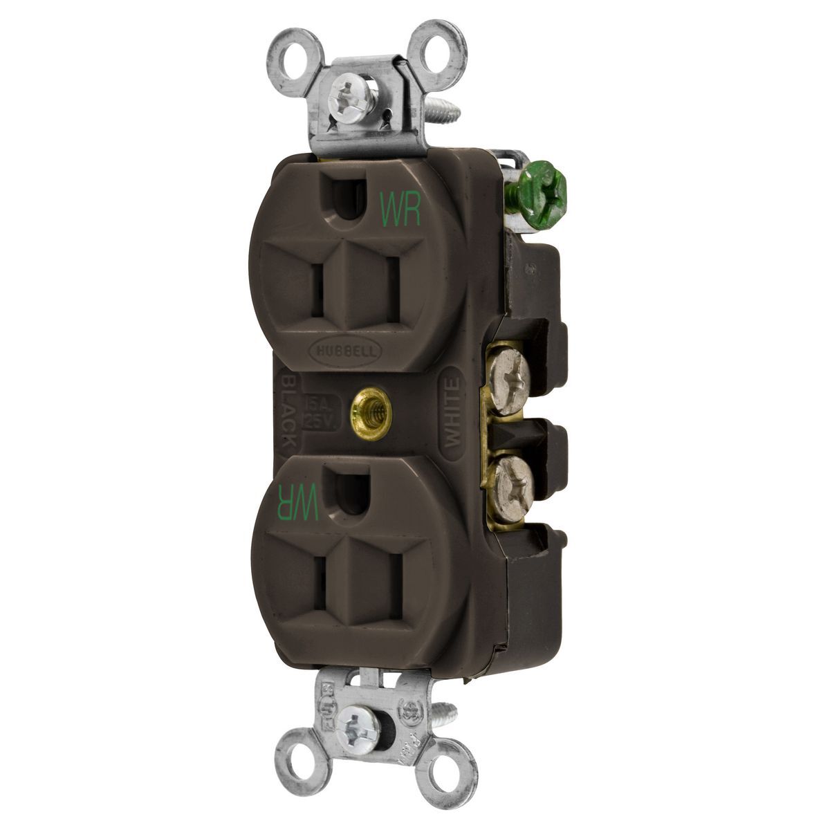 5262WR 1-Phase Duplex Heavy Duty Standard Traditional Weather-Resistant Screw Mount Straight Blade Receptacle, 125 VAC, 15 A, 2 Poles, 3 Wires, Brown