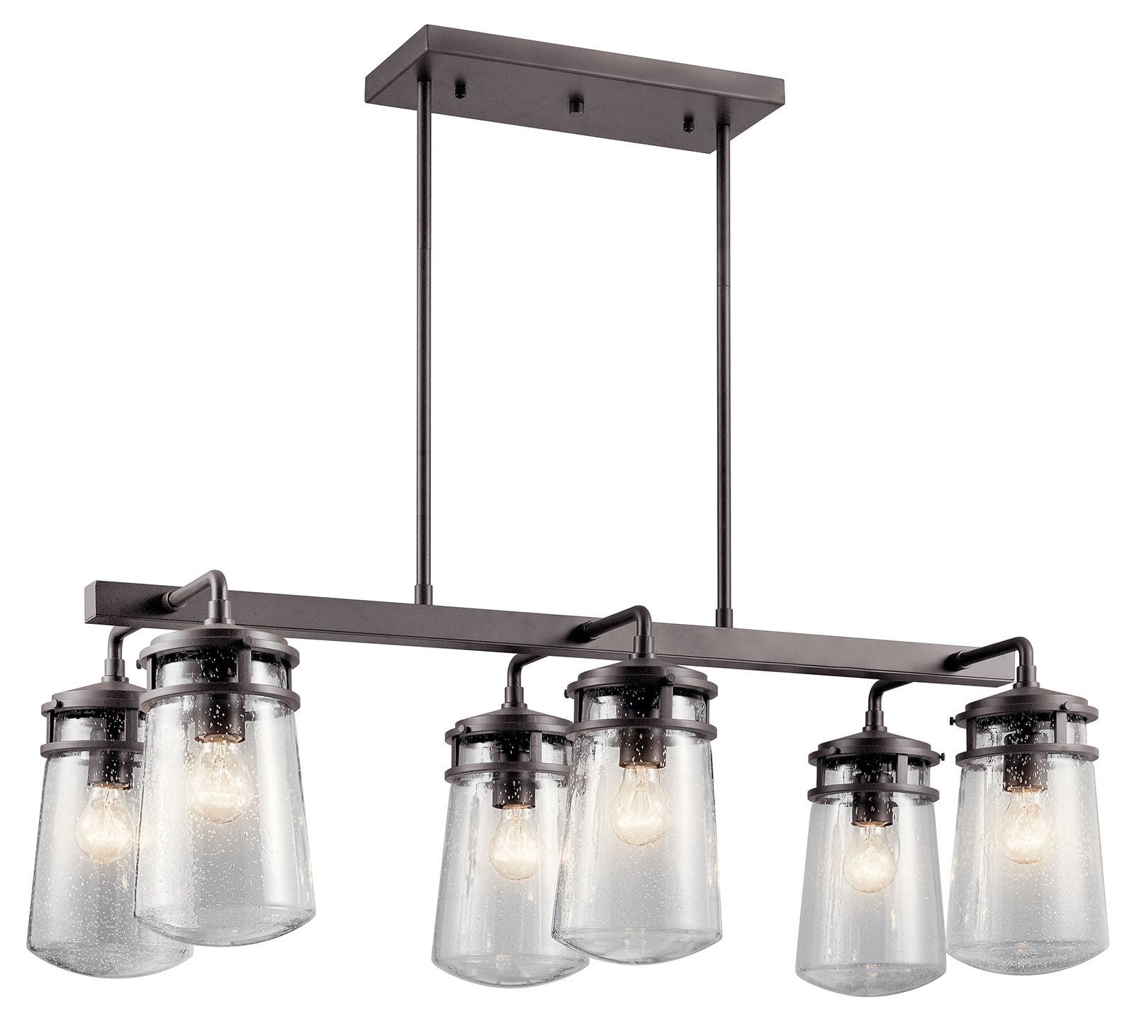 This 6 light outdoor chandelier from the Lyndon(TM) collection combines a simple streamline design with an emphasis on traditional details. Featuring a beautiful Architectural Bronze finish and Clear Seeded Glass, this fixture can effortlessly blend with your existingdacor.