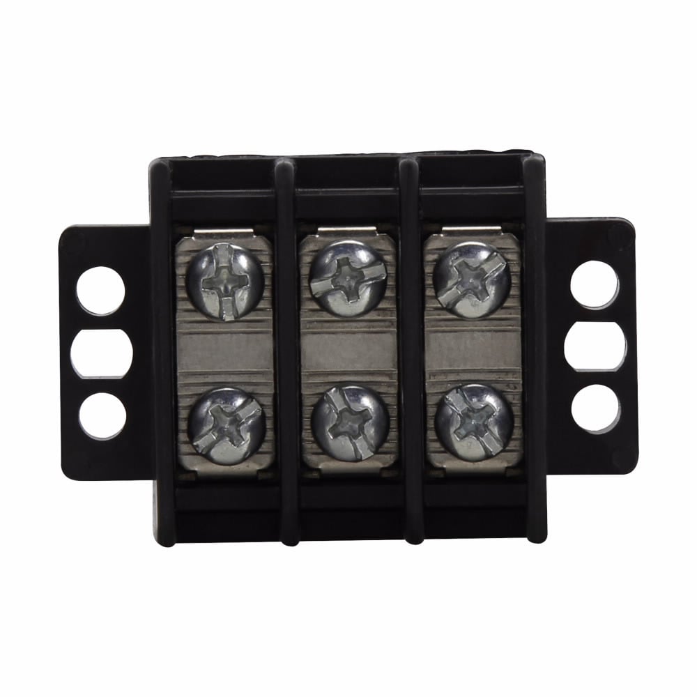 Eaton Bussmann TB200 series panel mount terminal block connector, Breakdown voltage 4800V, 600V, 30A, Double row, high barrier, Three-pole, #6-32 TPI Screw, Screw, Black, Tin-plated brass terminal, Zinc-plated Steel philslot screw