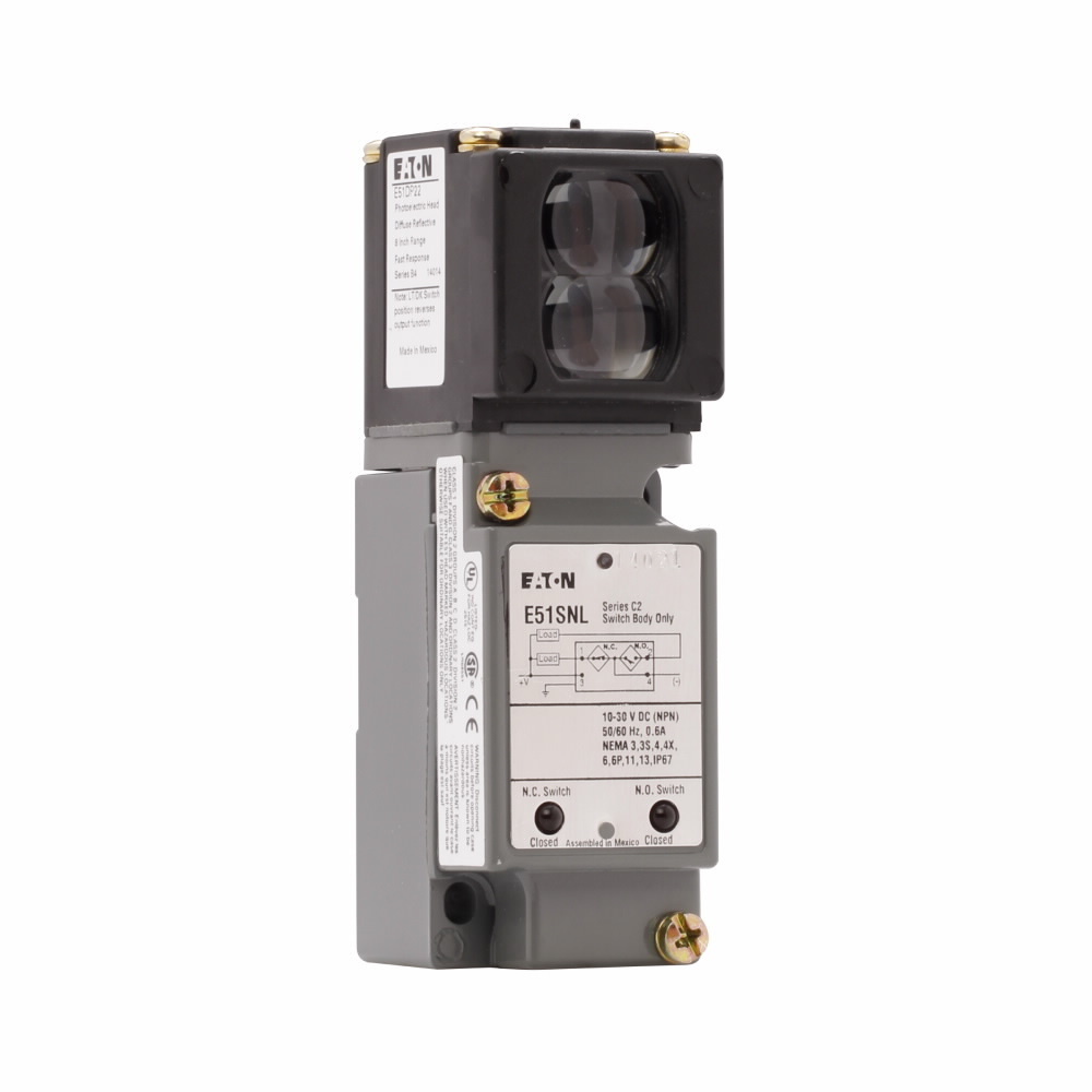 E51CLP5 4-Wire Inductive Limit Switch Style Modular Right Angle Standard Response Photoelectric Sensor, Rectangle Shape, 15 ft, Visible Red Sensing Beam, 1 to 30 ms Response, AC L1 Switch/NO-NC Output
