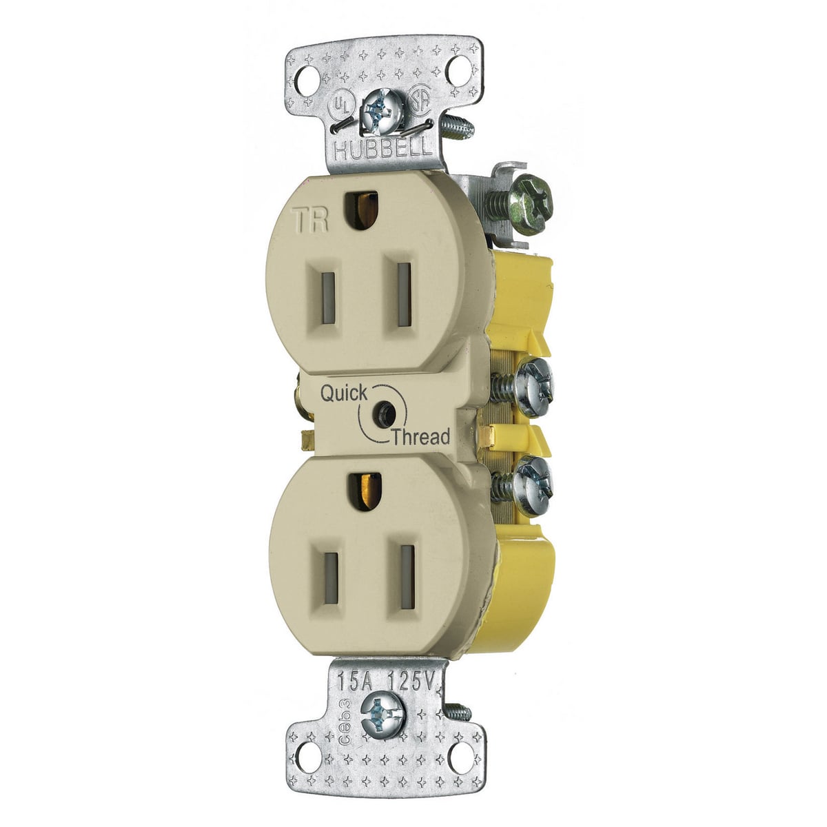 RR15QITR 1-Phase Duplex Quick Thread Standard Tamper-Resistant Screw Mount Straight Blade Receptacle, 125 V AC, 15 A, 2 Poles, 3 Wires, Ivory