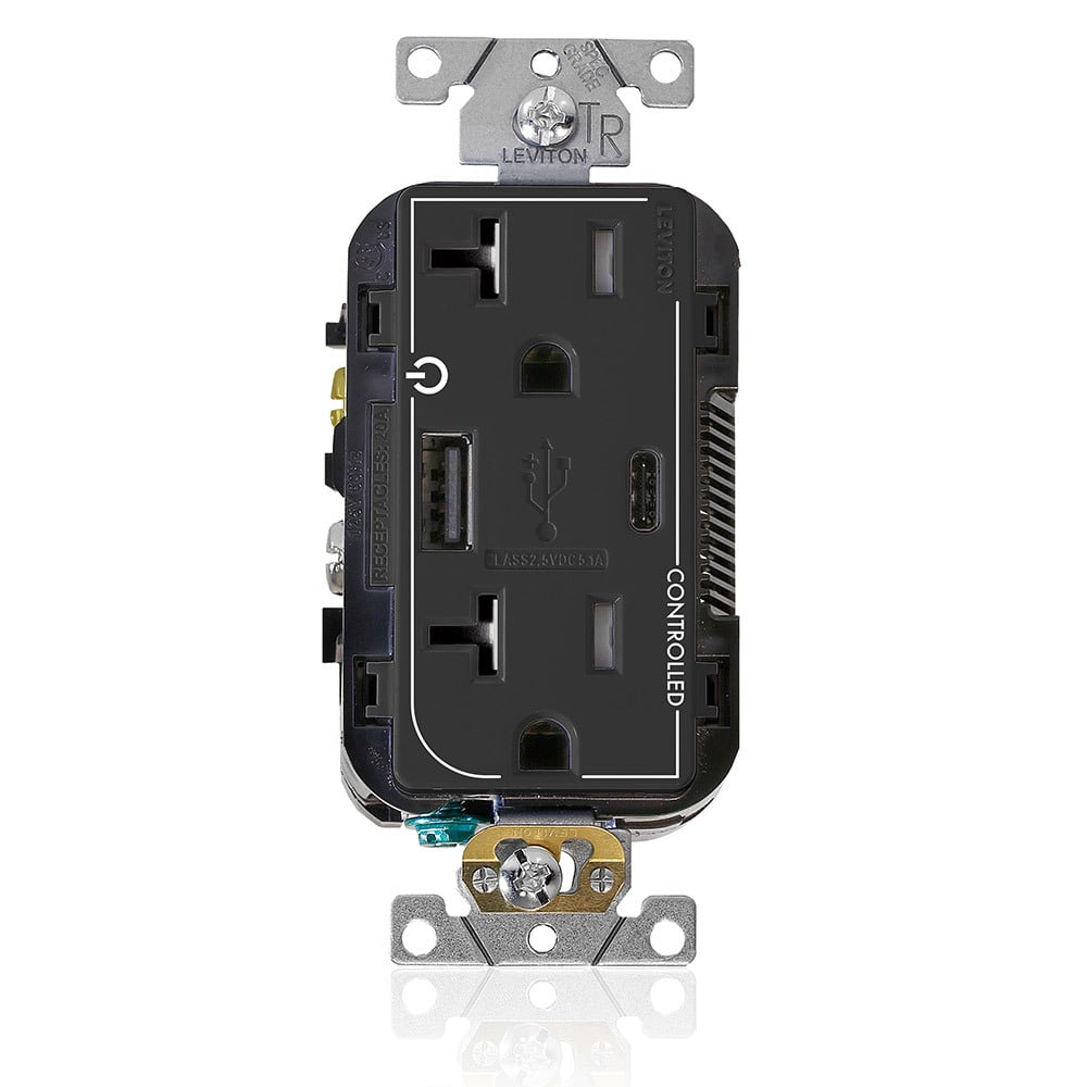 T5833-2E Controlled Combination Duplex Dual Marked Grounding Tamper-Resistant USB Receptacle, 125 V AC, 20 A, 1/2 hp, 2 Poles, 3 Wires, Black