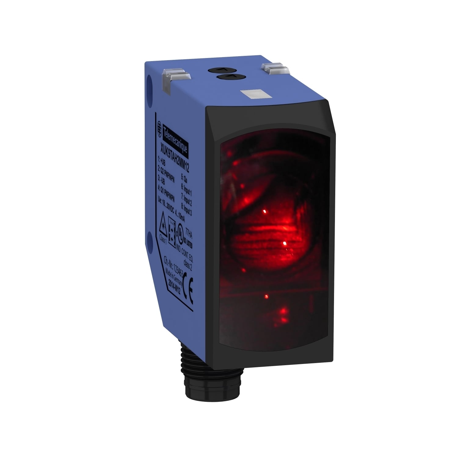 XUK9TAH2MM12 8-Wire Compact Photoelectric Sensor, 70 m, Red Laser Sensing Beam, 10 ms Response, NPN/PNP 1NO-1NC Analog Output