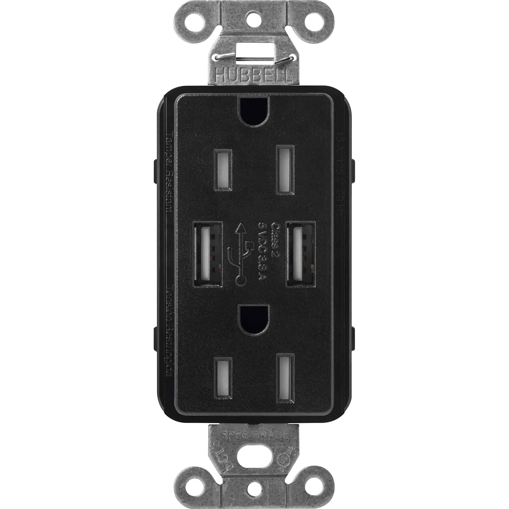 SCR-15-UBTR-MN Claro Tamper-Resistant USB-A Duplex Receptacle, Decorator-Style Outlet, 15 Amp, Self-Testing, Satin, Midnight