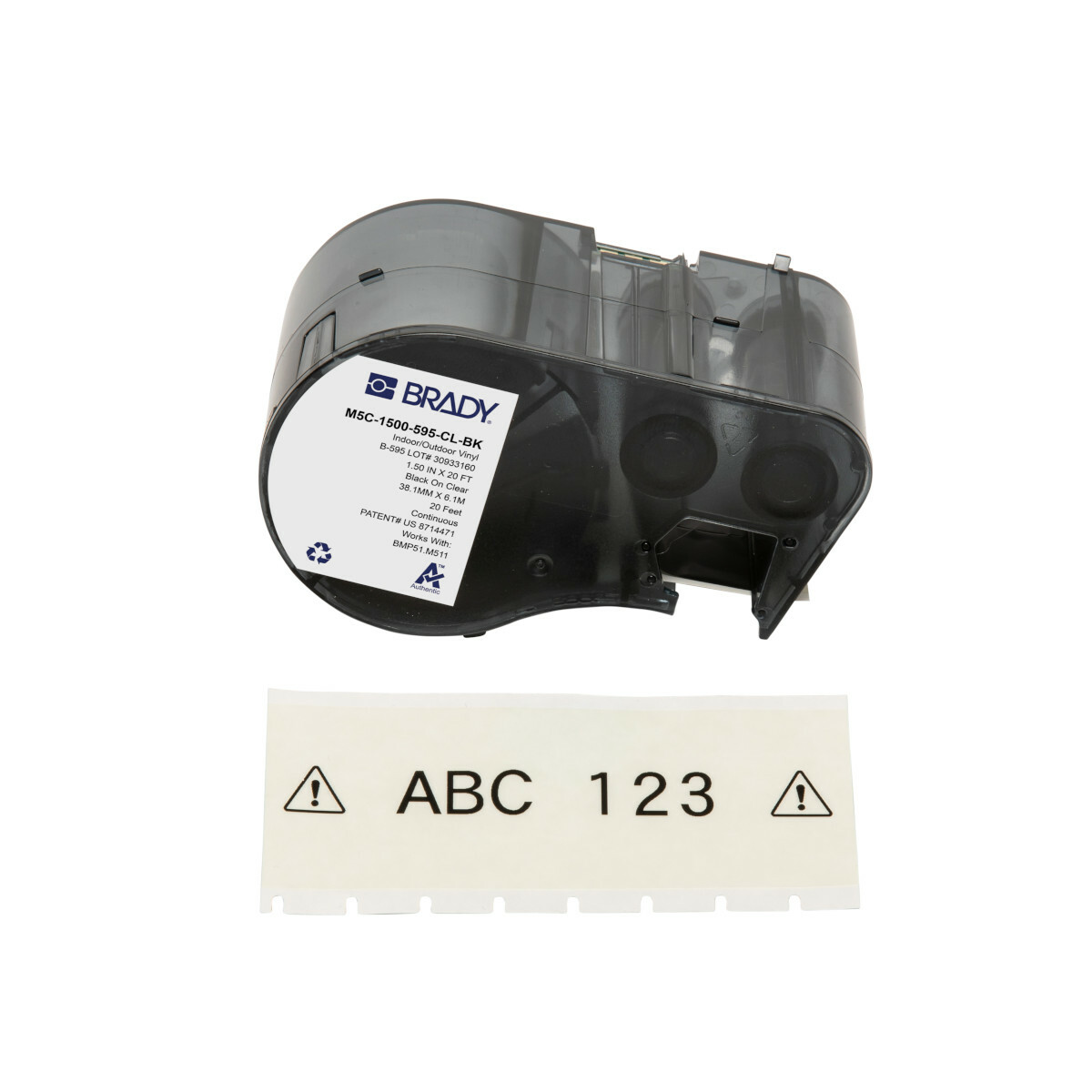 M5C-1500-595-CL-BK General Permanent Adhesive Label, 20 ft L x 1.5 in W, Black on Clear, B-595 Vinyl