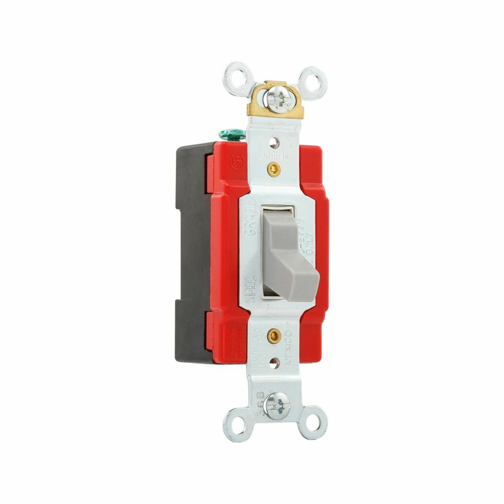 Eaton Arrow Hart industrial grade toggle switch, #14-10 AWG, 20A, Industrial, Flush, 120/277V, Back and side, Screw, Gray, Single-Pole, Single-Pole, Brass, Polycarbonate