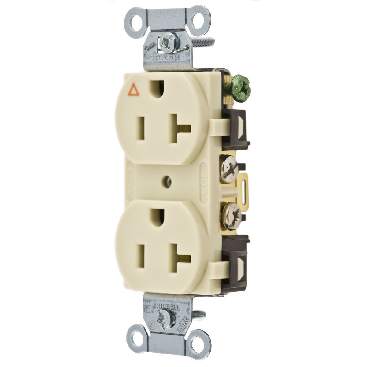 IG5352I 1-Phase Duplex Heavy Duty Isolated Ground Standard Traditional Screw Mount Straight Blade Receptacle, 125 V AC, 20 A, 2 Poles, 3 Wires, Ivory