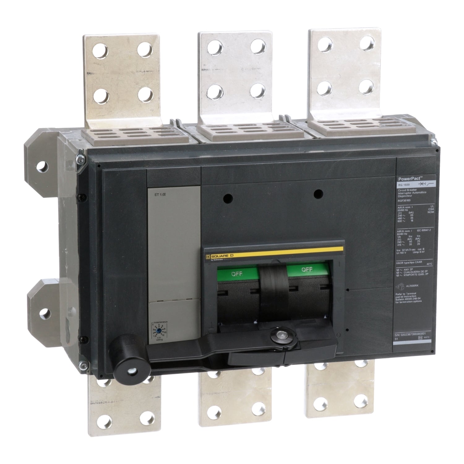 RGF36160 80% Rated Molded Case Circuit Breaker, 600 VAC, 1600 A, 65 kA at 240 VAC/35 kA at 480 VAC/18 kA at 600 VAC Interrupt, 3 Poles, Electronic Trip