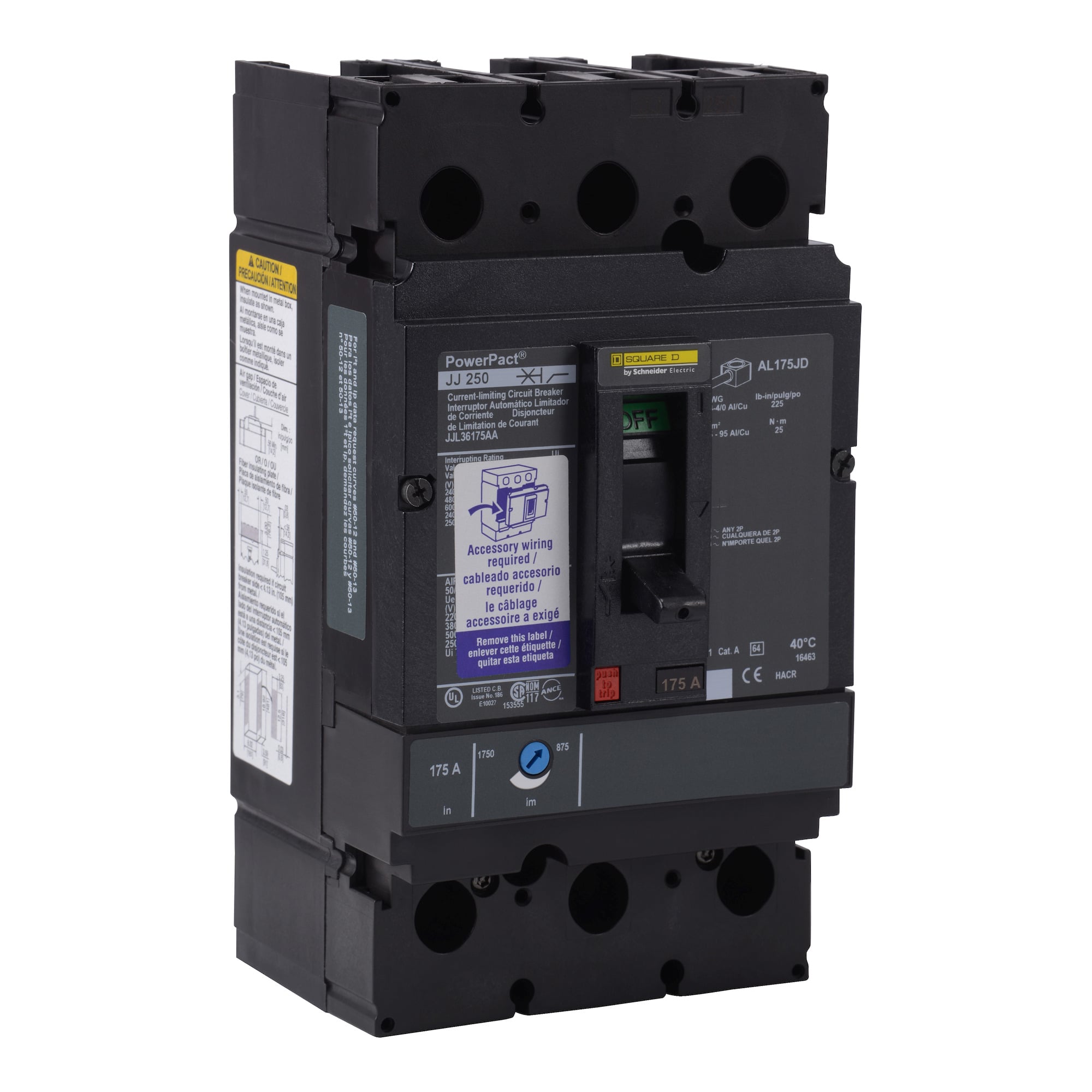 JJL36225AA PowerPact Type JJL Molded Case Circuit Breaker, 600 V AC/250 V DC, 225 A, 100 kA at 240 VAC/65 kA at 480 VAC/25 kA at 600 VAC/20 kA at 250 VDC Interrupt, 3 Poles, Thermal Magnetic Trip