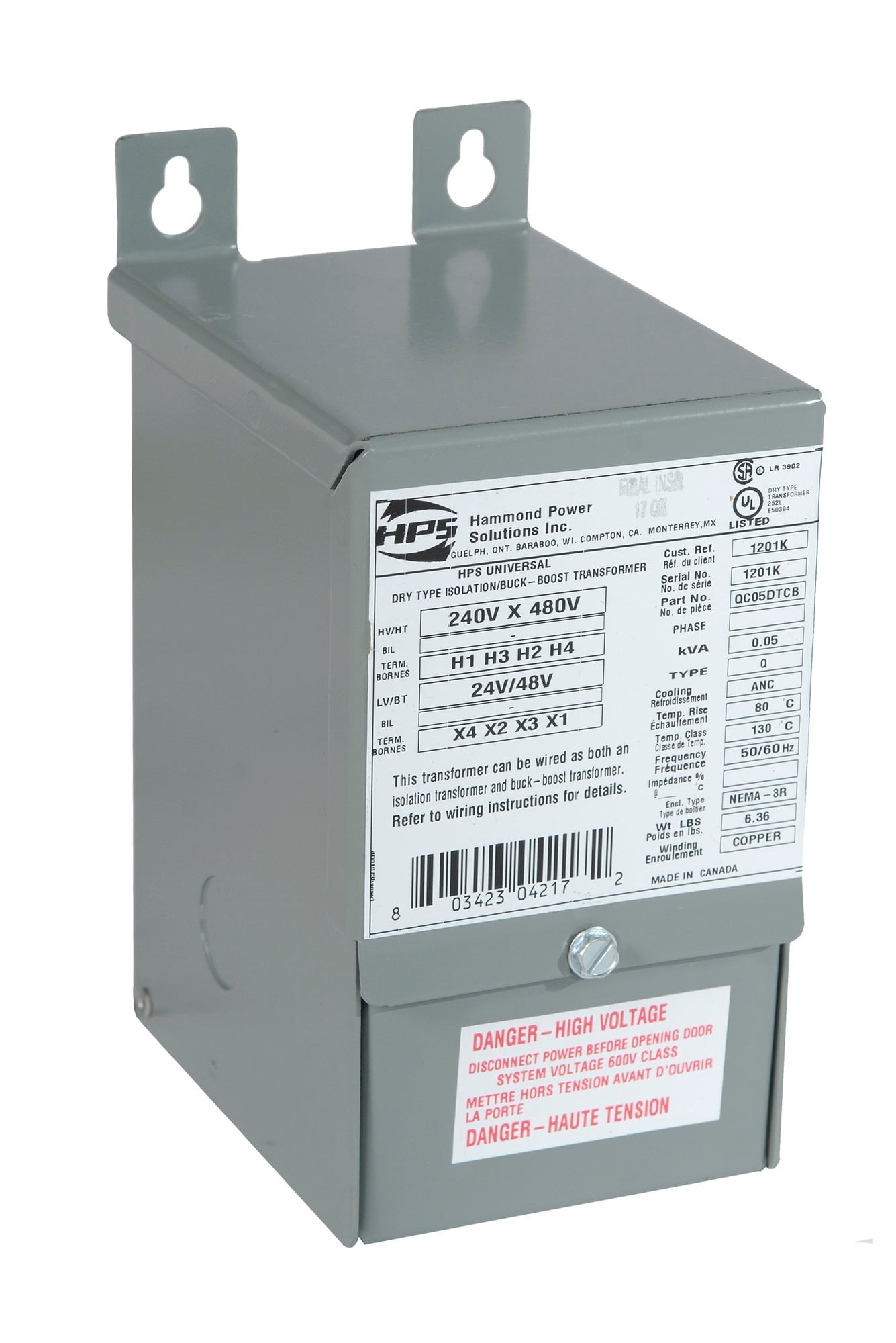 QC75ERCB Universal Commercial Encapsulated Buck Boost Transformer, 120/240 V AC Primary, 12/24 VAC Secondary, 0.75 kVA Power Rating, 50/60 Hz, 1 Phase