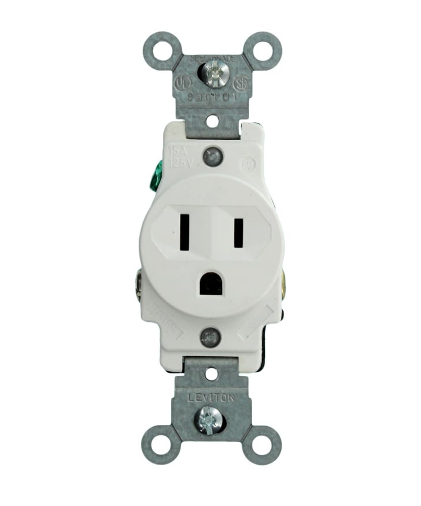 5015-KWS Straight Blade Single Receptacle, 125 V AC, 15 A, 2 Poles, 3 Wires, White
