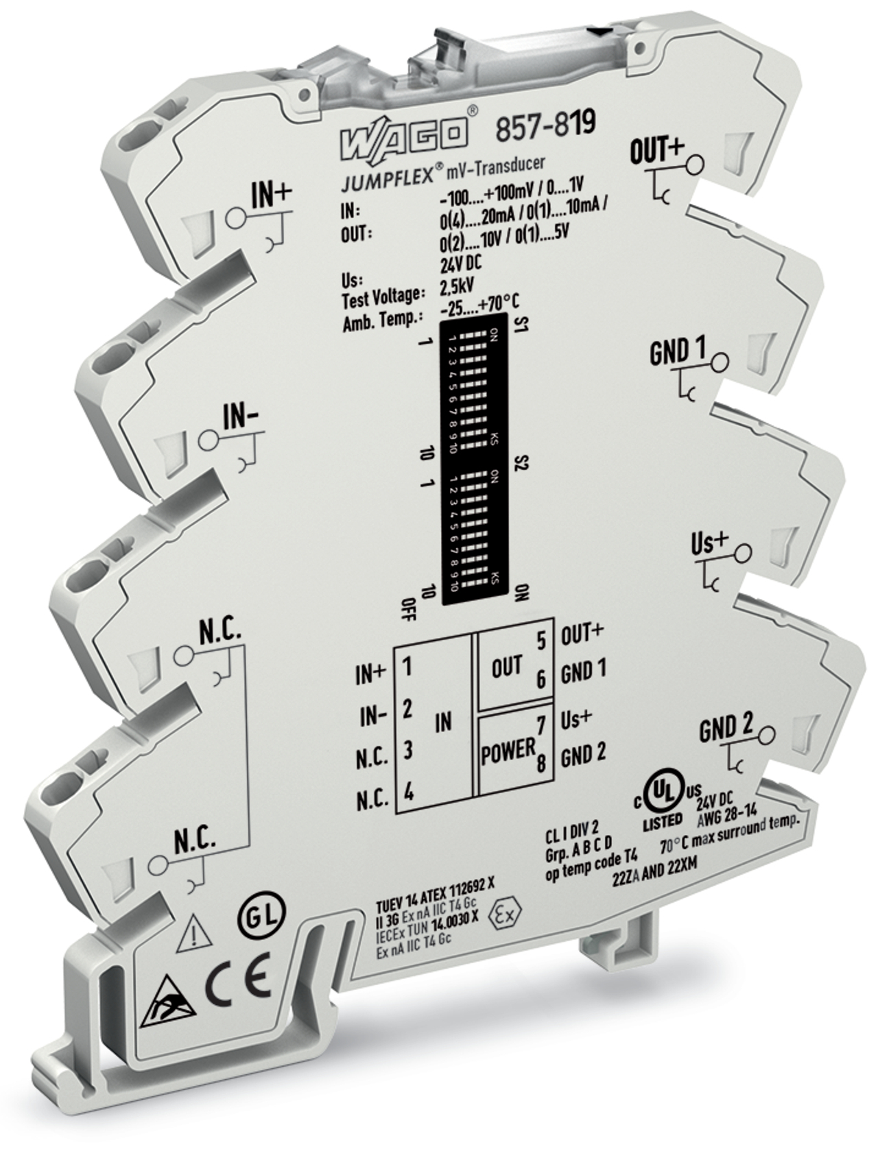Voltage signal conditioner; Bipolar voltage input signal; Current and voltage output signal; Configuration via software; Supply voltage: 24 VDC; 6 mm module width; 2,50 mm