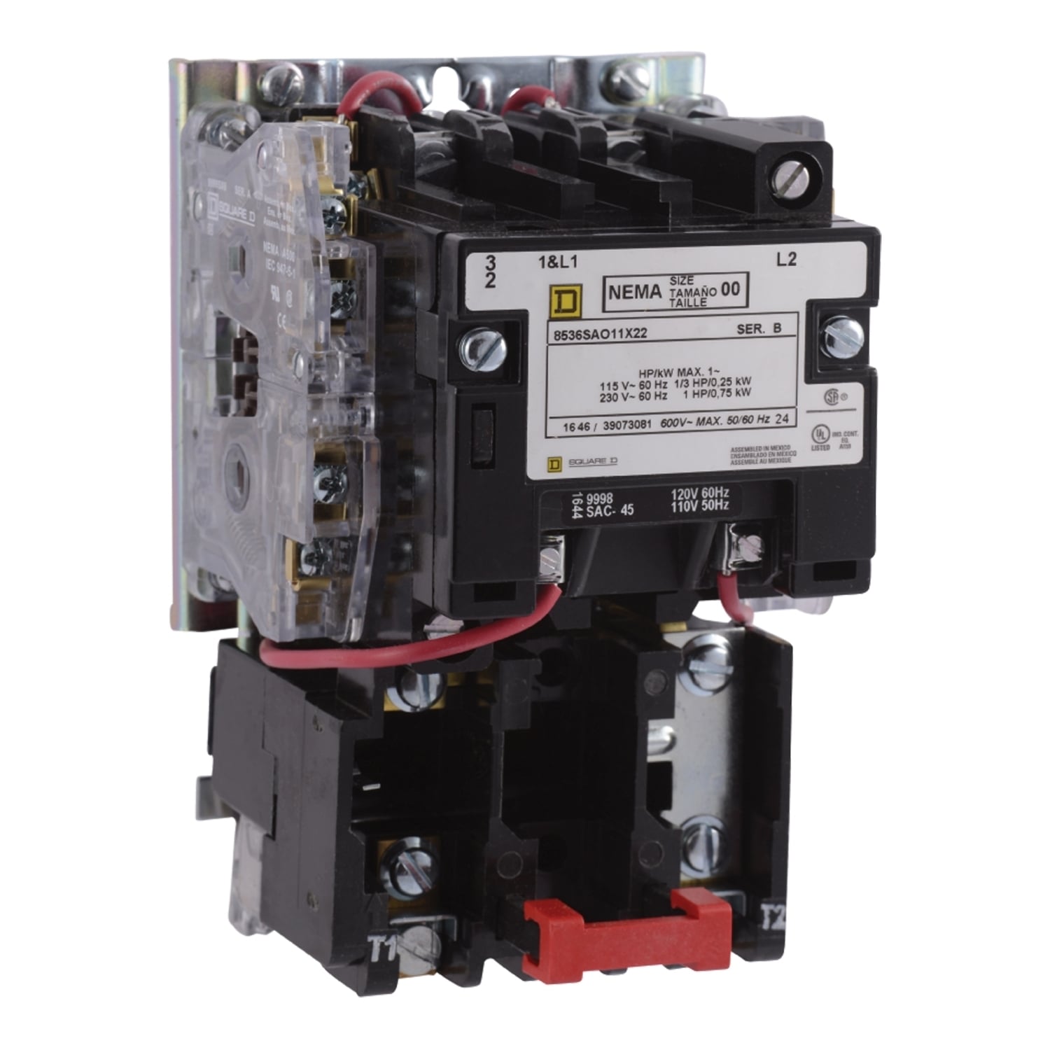 NEMA Motor Starter, Type S, nonreversing, Size 1, 27A, 10 HP at 460 VAC, 5 kA SCCR, 3 phase, 3 pole, melting alloy, 120 VAC coil, open