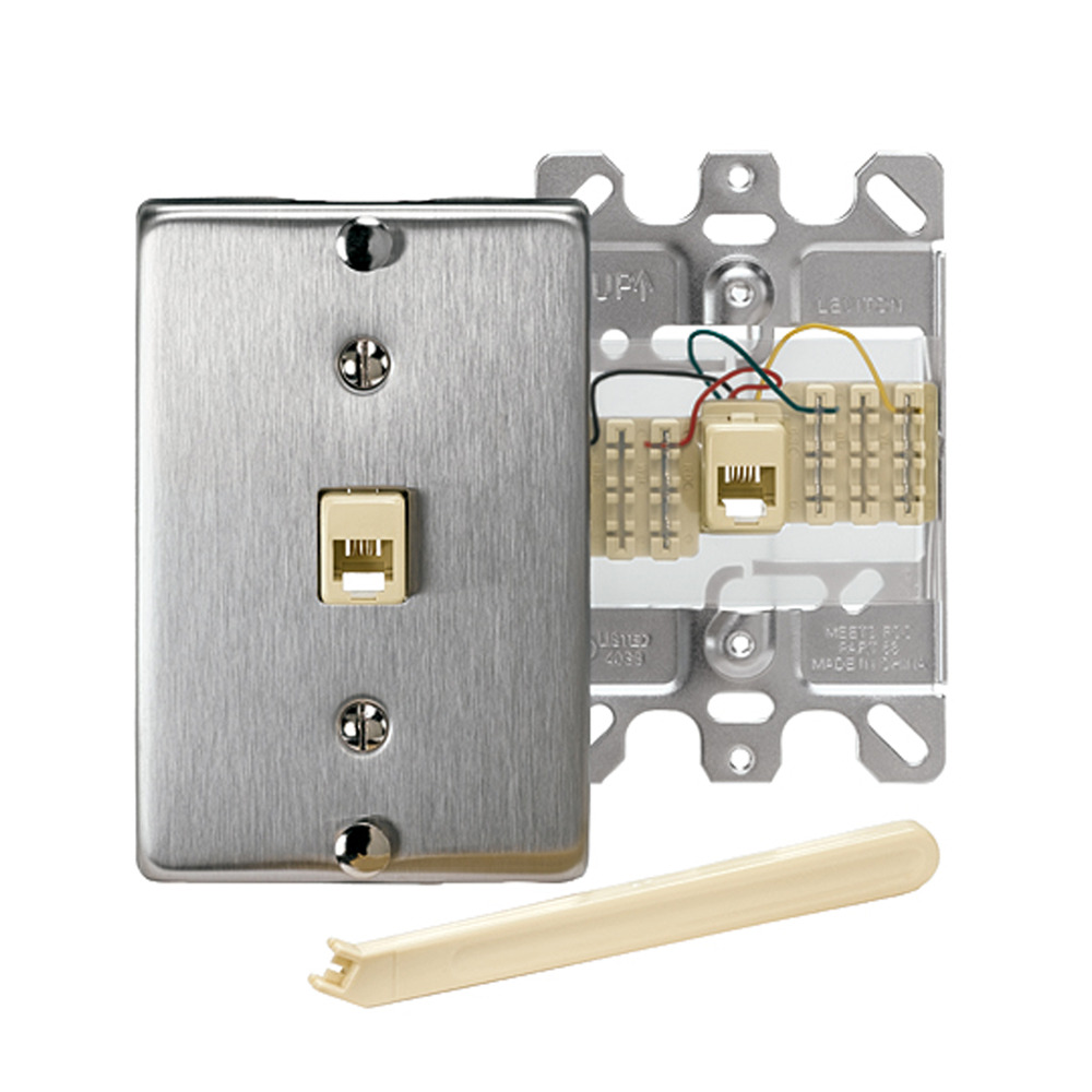 40223-S 110-Style Modular Quick Connect Telephone Wall Jack With Metal Base, 1 Gangs, 3 in W, Stainless Steel, Box Mount