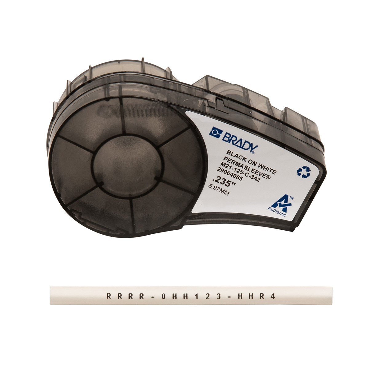 M21-125-C-342 PermaSleeve BMP21 Heat Shrink Tubing Cartridge Label, 7 ft L x 0.235 in W, Black on White, B-342 Polyolefin