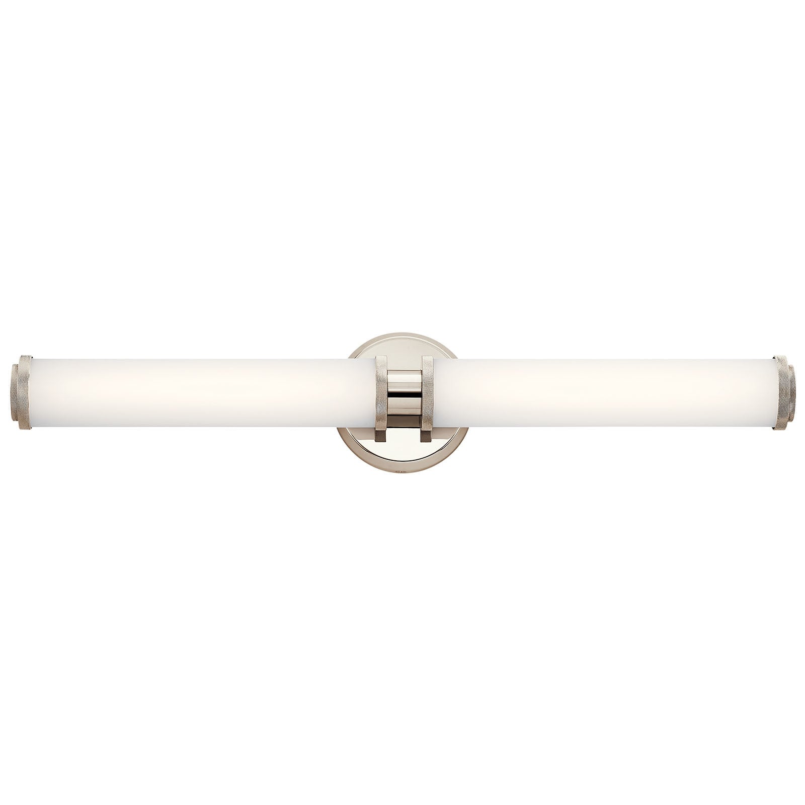 The Indeco(TM) 27in; integrated LED linear vanity light features a classic look with its Polished Nickel finish and satin etched white glass. Inspired by the diamond knurl pattern thatfts common in hardware the Indeco vanity light gives your bathroom a bold statement and works perfectly in a bathroom or powder room and has a transitional and modern look.