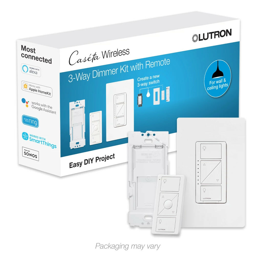 P-DIM-3WAY-WH Caseta Original Smart Dimmer 3-Way Kit with Remote, 150W LED+ Dimmer, 3-Button Pico, Wall Mount Bracket, Claro Wall Plate, White