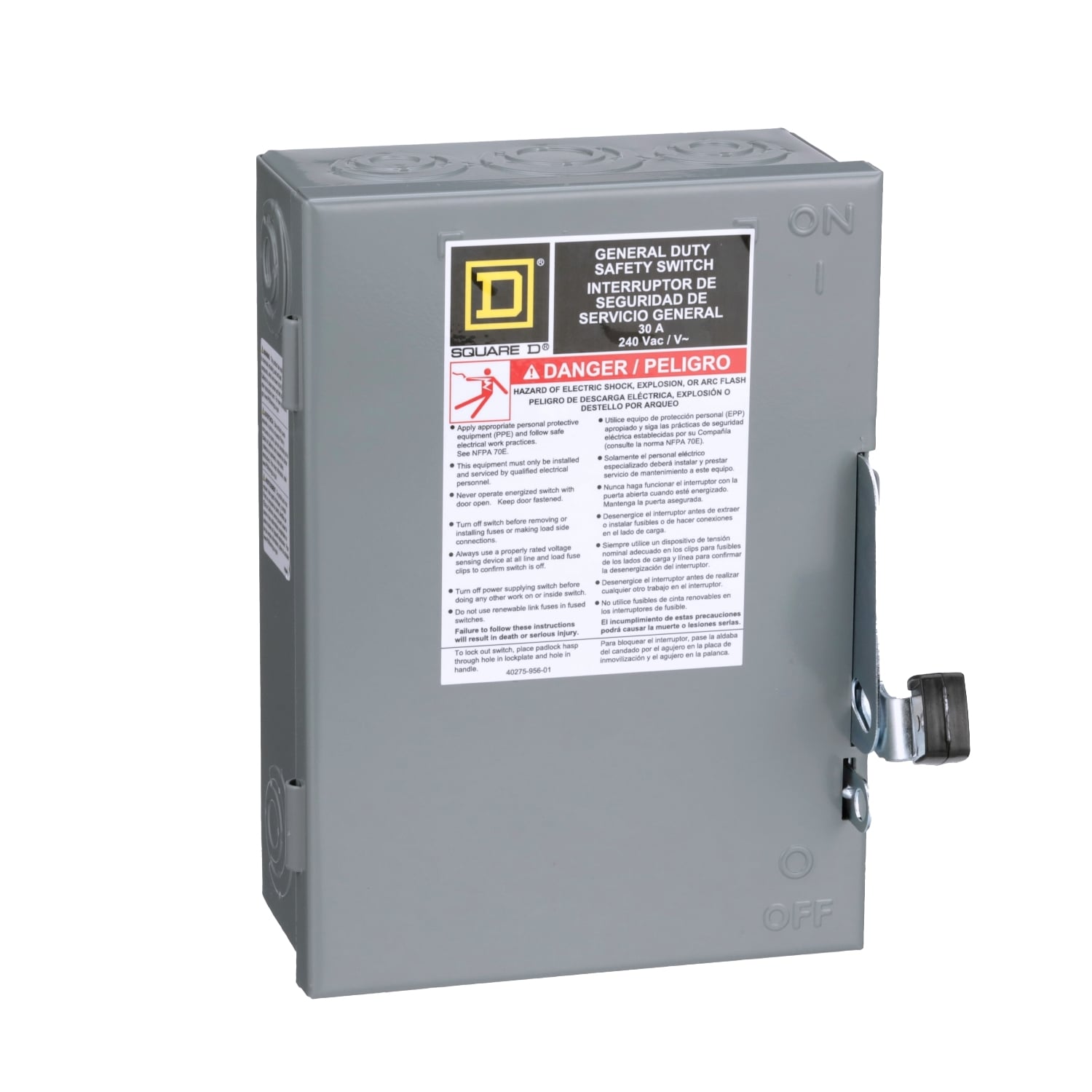 D321NCP Single Throw Safety Switch, 240 V AC, 30 A, 1.5 hp 240 V at AC 60 Hz, 3 hp 240 V at AC 60 Hz, 3 hp 240 V at AC 60 Hz, 7.5 hp 240 V at AC 60 Hz, 3 poles