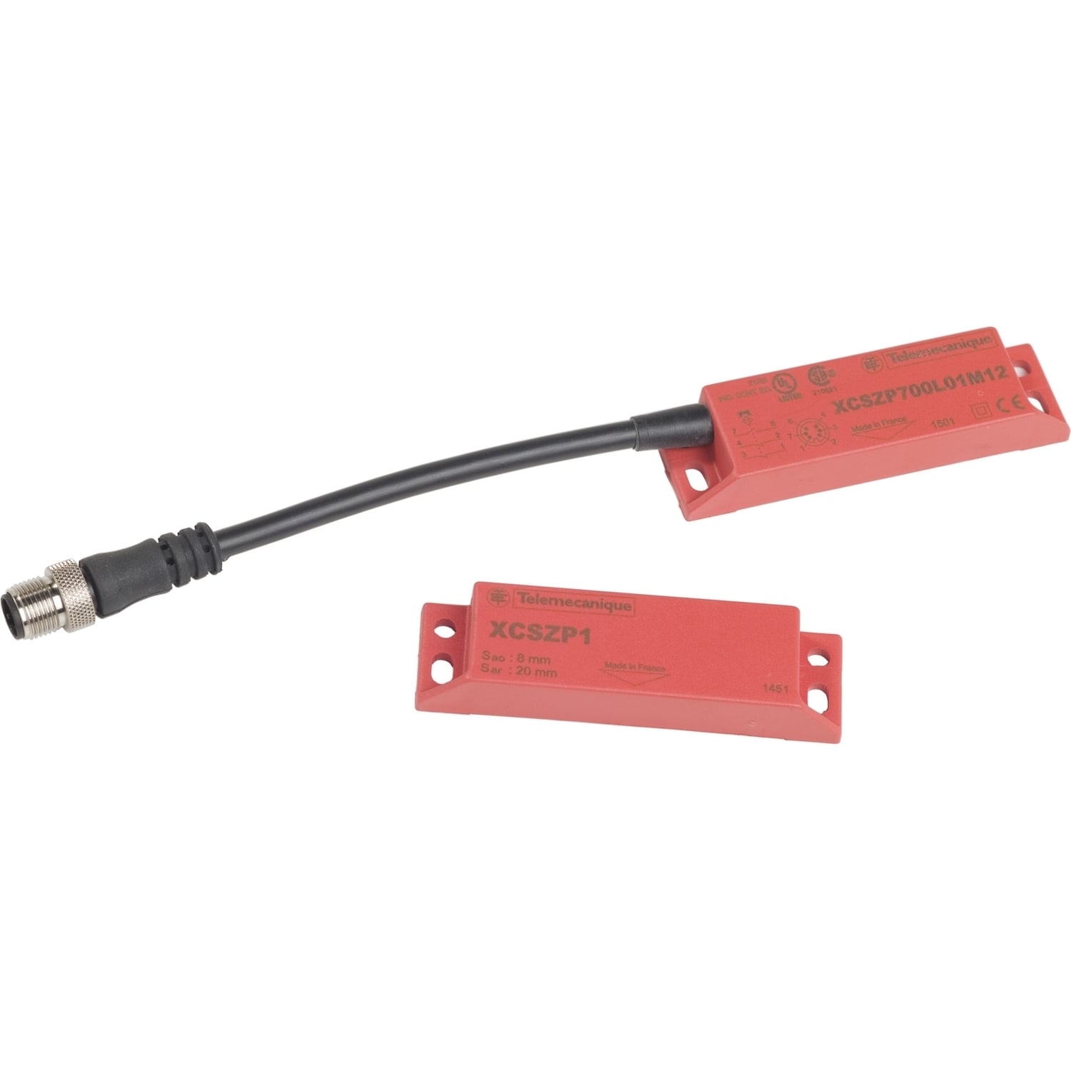 XCSDMP700L01M12 Preventa 3-Direction 3-Pole Non-Contact Standard Safety Interlock Switch, Coded Magnetic Actuator, 100 mA at 24 V DC Contact, 1NO-2NC Contact, Rhodium Contact