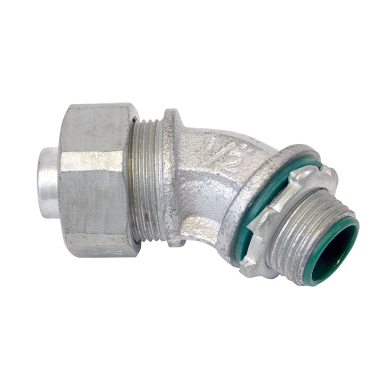 LT30045-ICKON Liquid Tight Connector With Insulated Throat, 3 in Trade, 45 deg, Malleable Iron, Zinc Plated