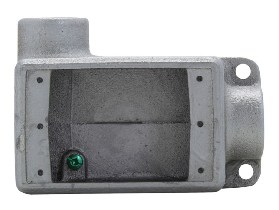FSL1 Condulet Type FSL Shallow Device Box With Mounting Lug and Ground Screw, Feraloy Iron Alloy, 15.8 cu-in Capacity, 1 Gang, 2 Outlets, 2 Knockouts, 2-3/4 in W x 1-7/8 in D x 5-5/32 in H