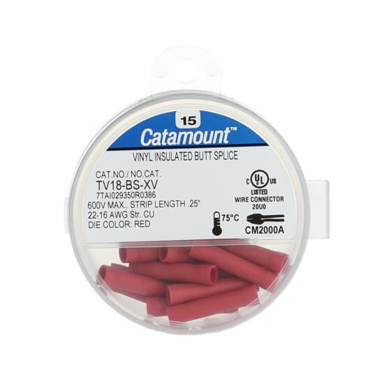 TV18-BS-XV Catamount Butt Splice, 22 to 16 AWG Conductor, 0.986 in L, Brazed Seam/Expanded Entry/Internal Serration Barrel, Copper, Red