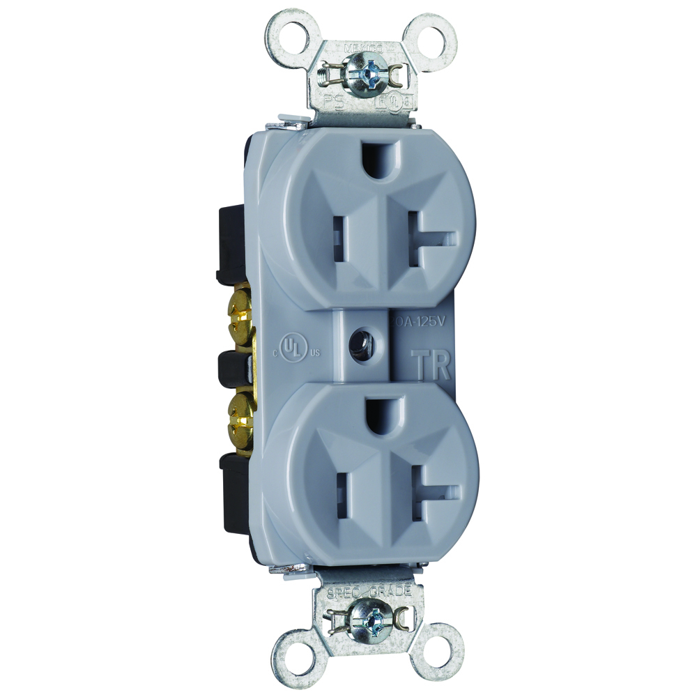 TR5362GRY 20 Amp 125V Construction Spec-Grade Duplex Receptacle, Back and Side Wire, Gray