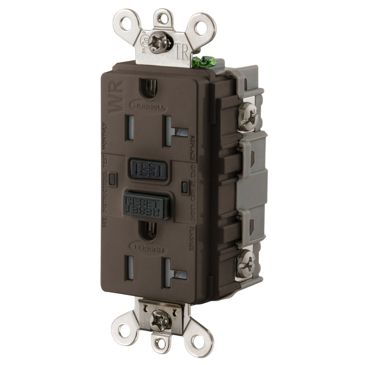 GF5362SG 1-Phase Duplex Extra Heavy Duty Feed-Through Grounding Standard Tamper-Resistant Weather-Resistant Screw Mount GFCI Receptacle, 125 VAC, 20 A, 2 Poles, 3 Wires, Brown