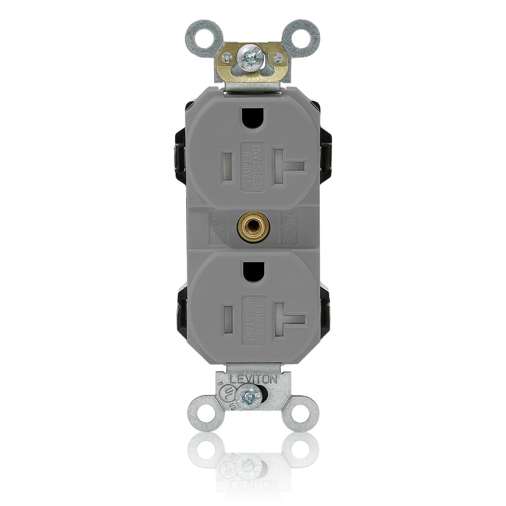 MT563-SGY Lev-Lok 1-Phase Duplex Heavy Duty Self-Grounding Tamper Resistant Straight Blade Receptacle, 125 V AC, 20 A, 2 Poles, 3 Wires, Gray