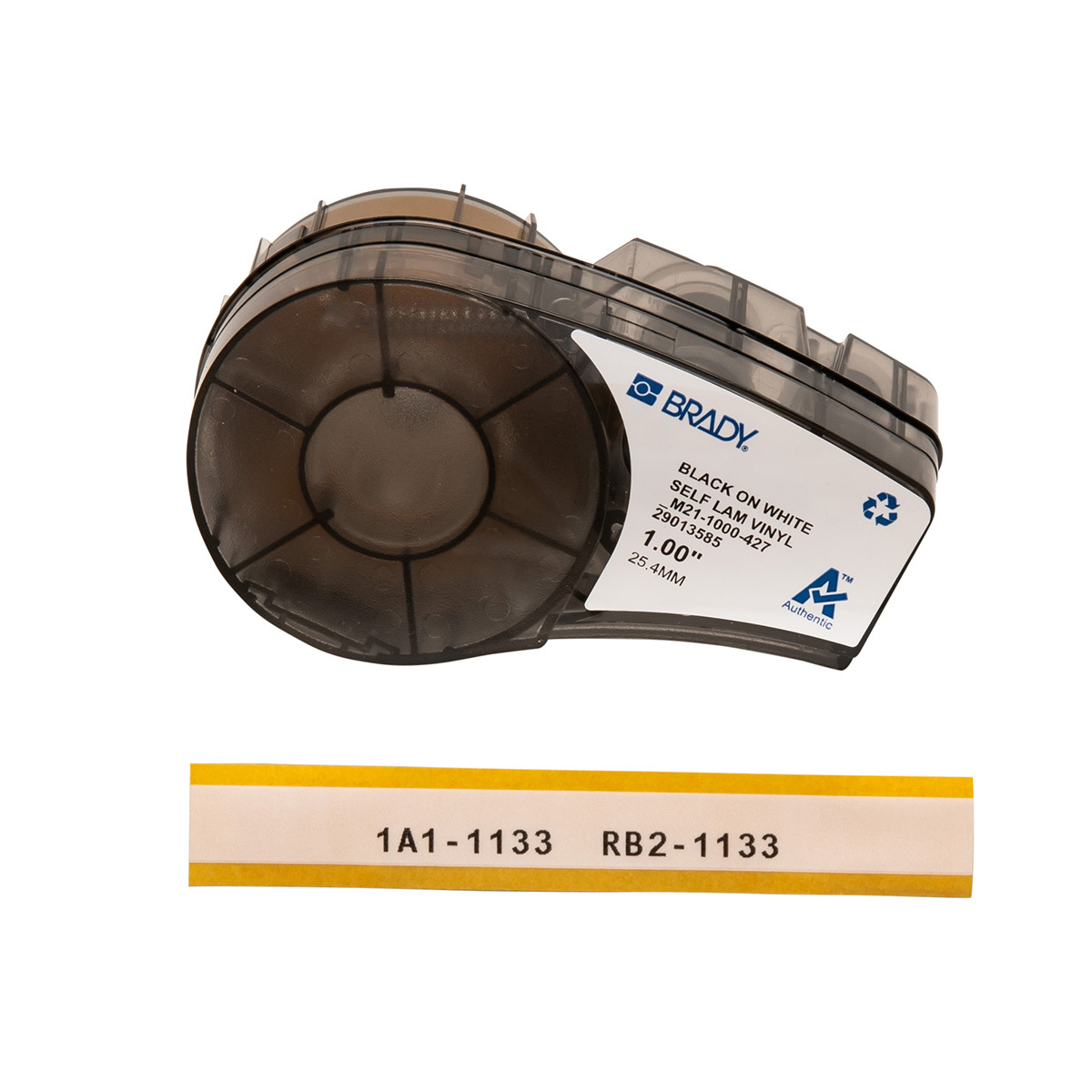 M21-1000-427 BPM21 Self-Laminated Label Cartridge, 14 ft L x 1 in W, For Use With BMP 21 PLUS Portable Label Printers, B-427 Vinyl, Black on Translucent/White