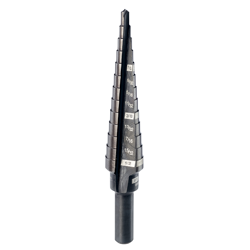48-89-9201 Step Drill Bit, 1/8 in Dia Min Hole, 1/2 in Dia Max Hole, 13 Steps, HSS, 13 Hole Sizes, 1/4 in Shank