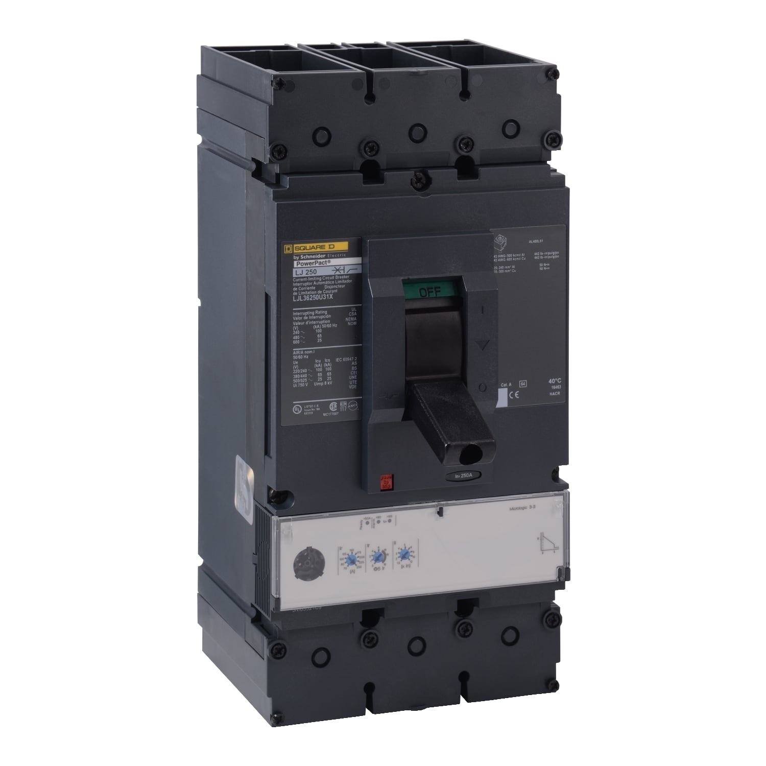 LJL36250U31X PowerPact Current Limiter Standard L Molded Case Circuit Breaker, 600 V AC, 250 A, 25/65/100 kA Interrupt, 3 Poles, Electronic Trip