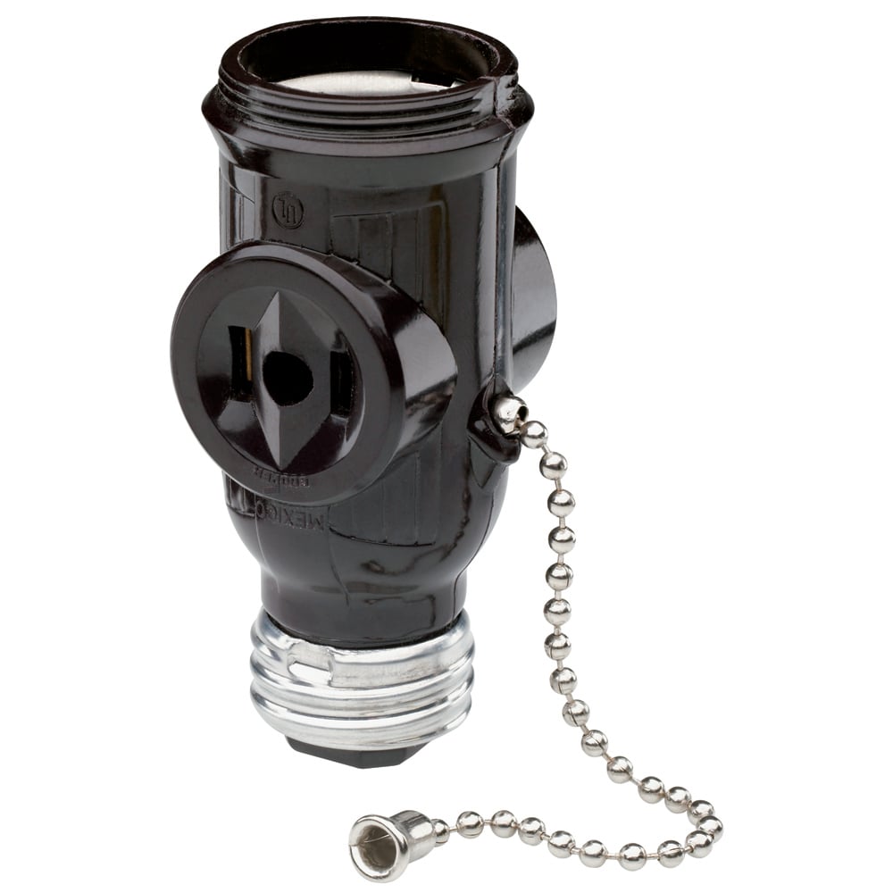 1406 125V 600W Medium Base Pull Chain Lampholder/Outlet Adapter, Black