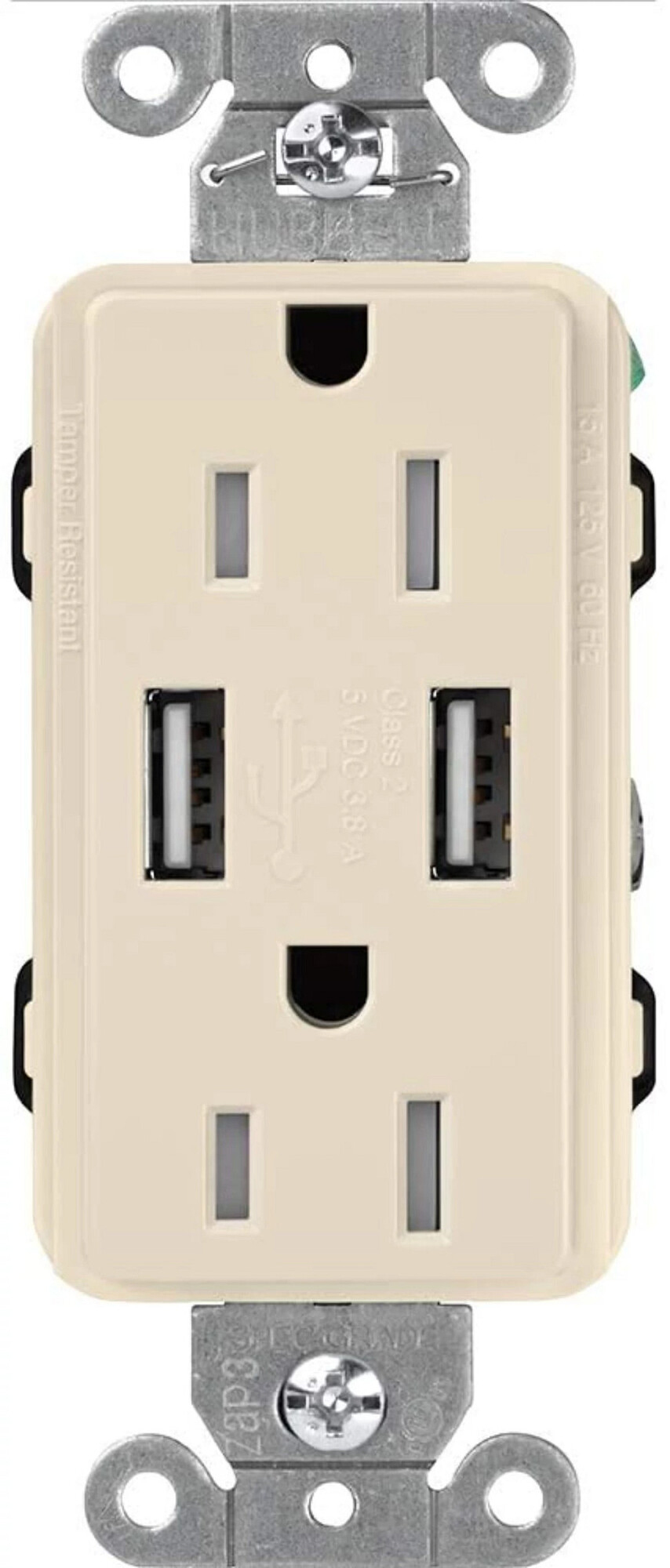 CAR-15-UBTR-LA Claro Tamper-Resistant USB-A Duplex Receptacle, Decorator-Style Outlet, 15 Amp, Self-Testing, Gloss, Light Almond