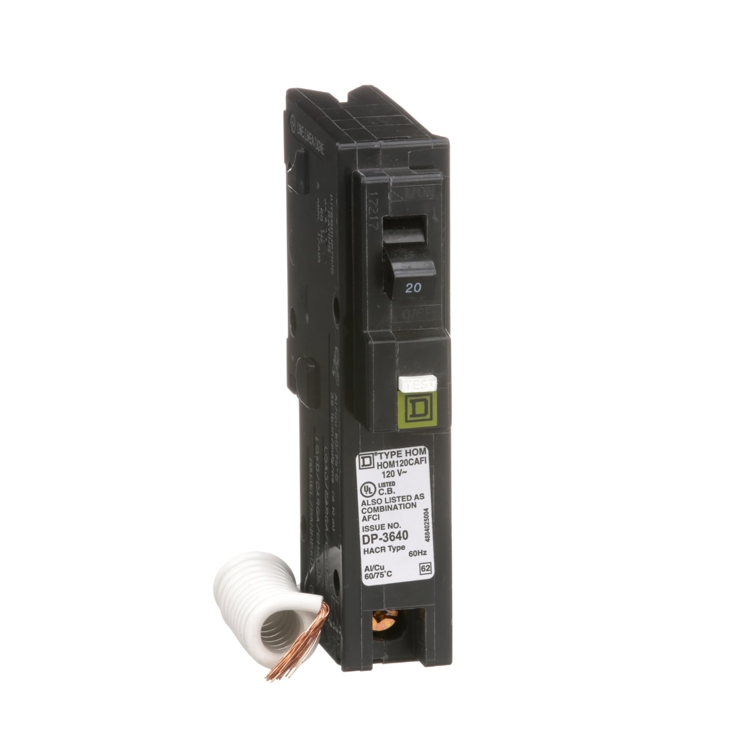 HOM120CAFI Homeline Miniature Circuit Breaker, 20 Amp, 1 Pole, 120V
