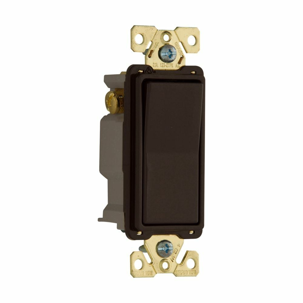Eaton commercial grade decorator switch, Box, #14-10 AWG, 20A, Flush, 120/277V, Back/push, Antimicrobial paddle, Maintained, Brown, Motor Control, Fan, LED, Incand, ELV,MLV,CFL, Florscnt, Halogen, Three-way, Thermoplastic 647345