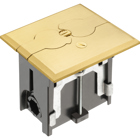Metallic adjustable floor box. Brass with flip lids. Includes tamper resistant duplex receptacle, cover plate with gasket and Arlington NM94 connector and Arlington NM900 knockout plug.