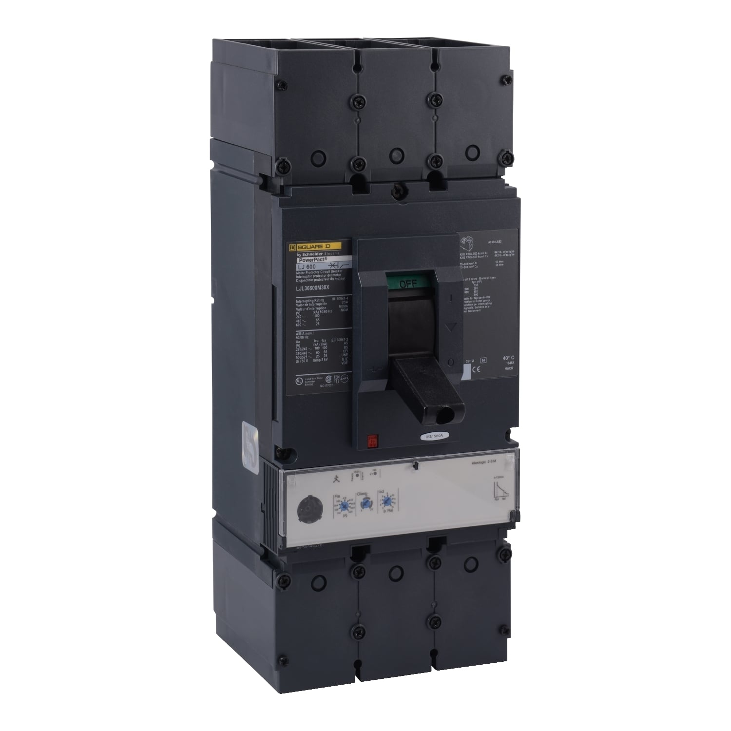LJL36600M38X PowerPact Motor Circuit Protector, 600 V AC, 600 A, 25 Interrupt, 3 Poles, Magnetic Trip