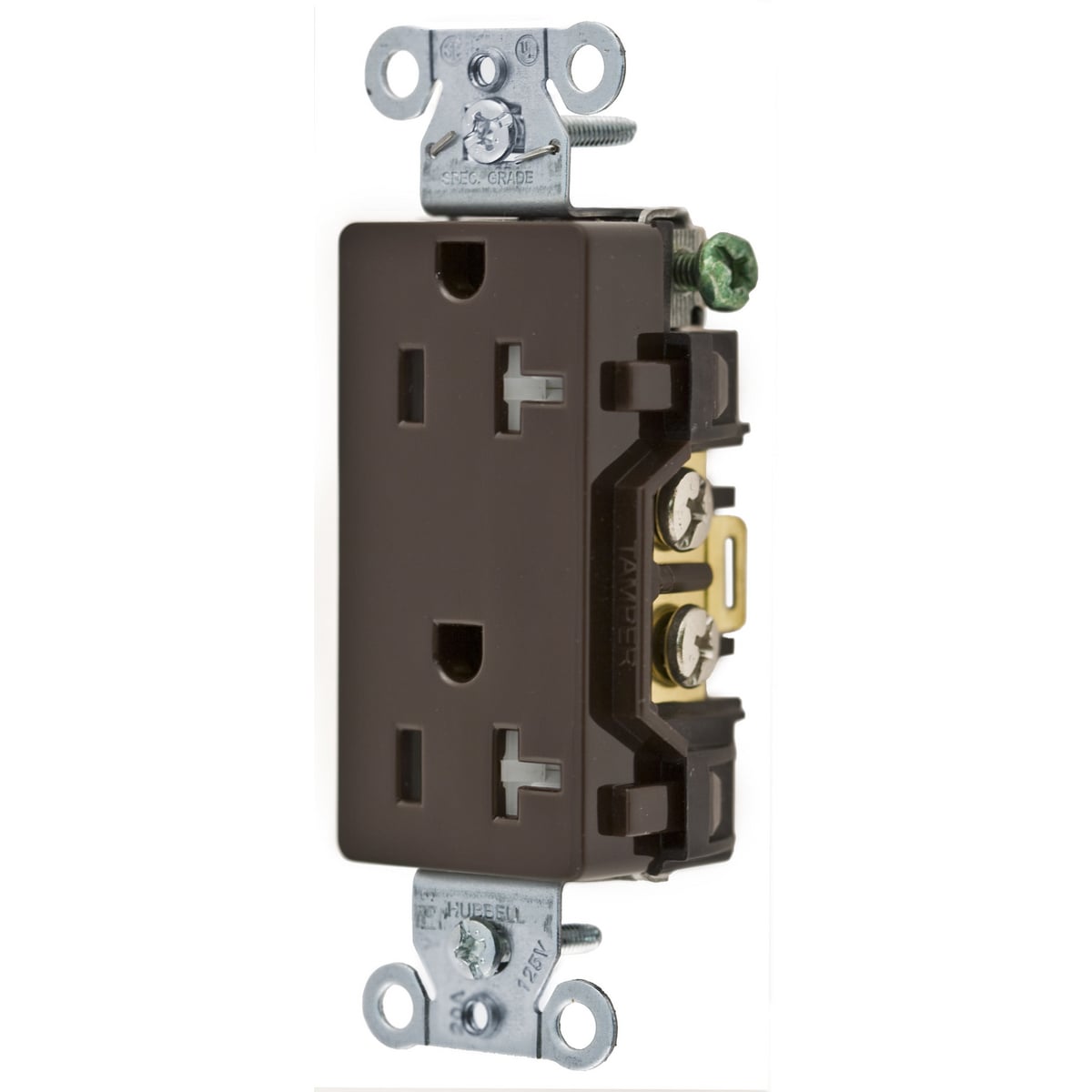 DR20TR 1-Phase Decorator Duplex Self-Grounding Standard Tamper-Resistant Screw Mount Straight Blade Receptacle, 125 VAC, 20 A, 2 Poles, 3 Wires, Brown