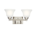 The Langford(TM) 17.5in; 2 light vanity light features a classic look with its gentle curves in Brushed Nickel finish and satin etched white bell shaped glass. The Langford vanity light is perfect in several aesthetic environments, including transitional and traditional.
