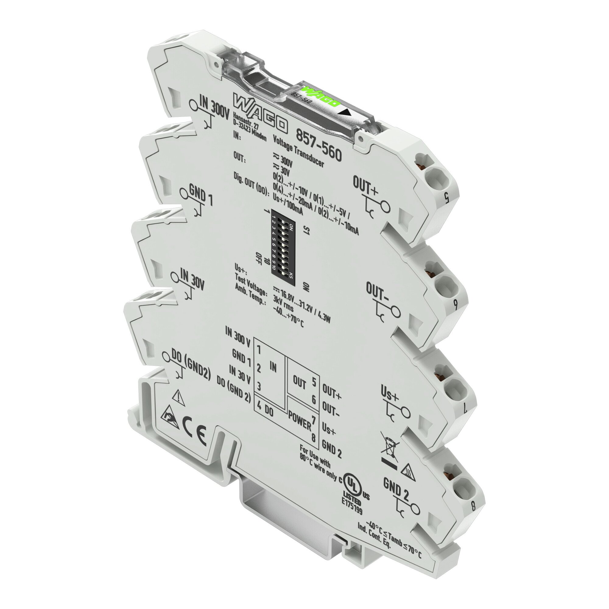 Voltage signal conditioner; Voltage input signal; Current and voltage output signal; Digital output; Configuration via software; Supply voltage: 24 VDC; 6 mm module width