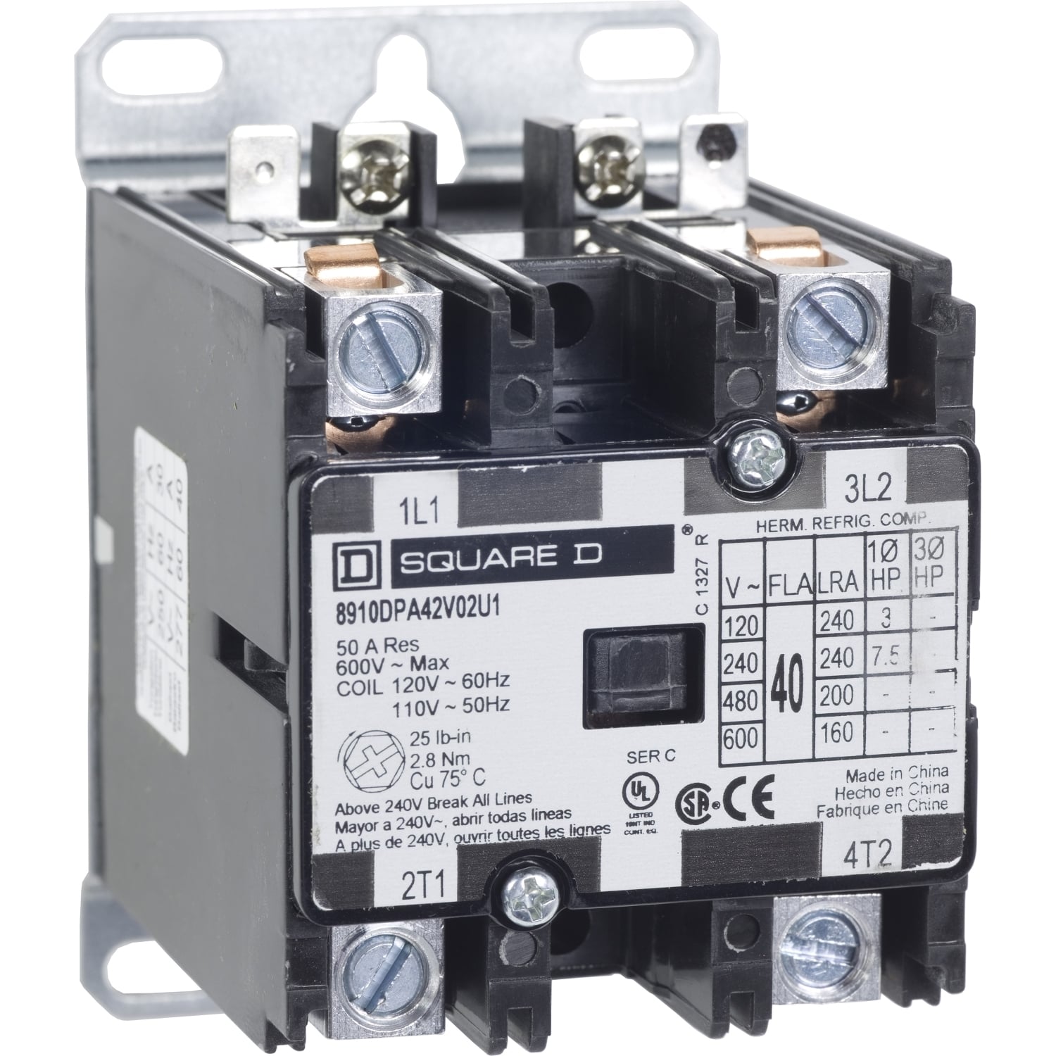 Contactor, Definite Purpose,  40A, 2 pole, 7.5 HP at 230 VAC, 1 phase, 110/120 VAC 50/60 Hz coil, open, UL listed