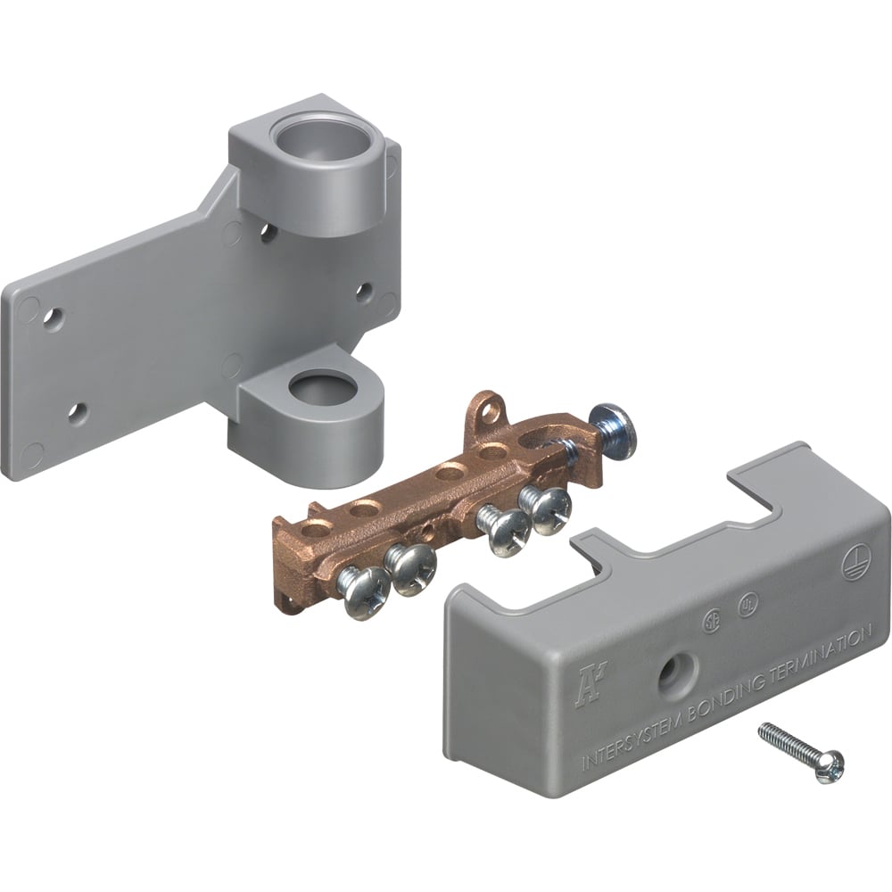Intersystem grounding bridge, has 4 termination points, one more than required by the NEC. Cable range 4 termination points for #4 to #14 solid or stranded. Attaches to grounding conductor with lay in style lug with a cable range of #6 to #2 grounding wire solid or stranded. Bronze with white Cover. Comes with PVC adapter for 1/2" PVC pipe.