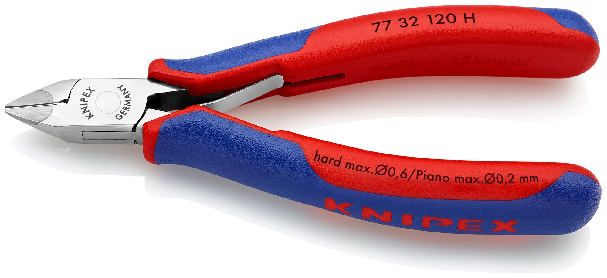 Electronics Diagonal Cutters-Carbide Metal Cutting Edges, 4 3/4 in., Multi-component, Polished, Semi-flush with Small Bevel Cut, Tapered Head, Up to 1/64 in. Piano Wire